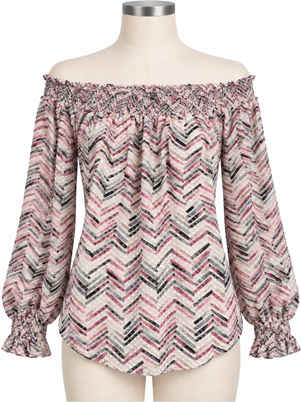 WhiteHouseBlackMarket Off-Shoulder Chevron Print Blouse in Pink and Gray